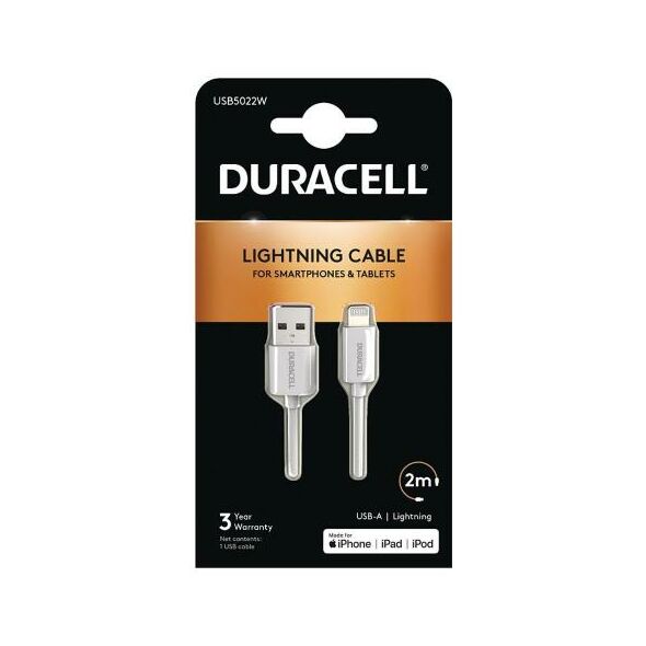 Καλώδιο Σύνδεσης USB 2.0 Duracell USB A σε MFI Lightning 2m Λευκό 5055190170021 5055190170021 έως και 12 άτοκες δόσεις