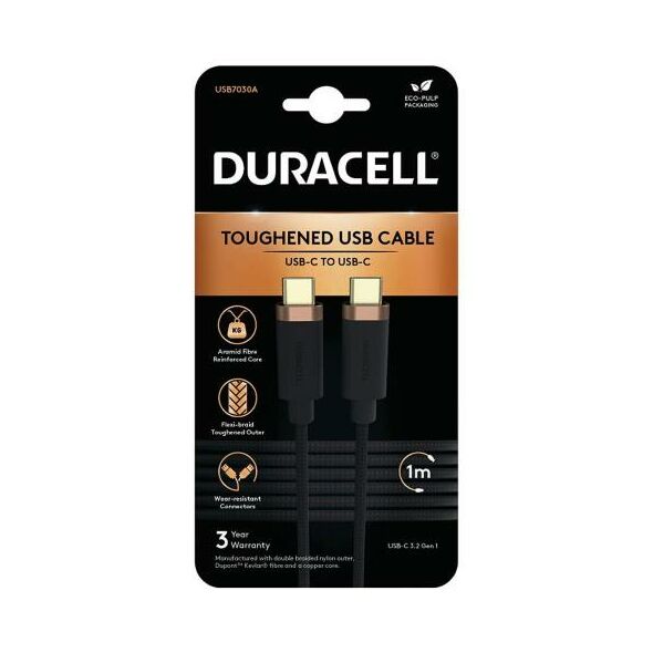 Καλώδιο Σύνδεσης USB 3.2 Duracell Braided Kevlar USB C σε USB C 1m Μαύρο 5056304310432 5056304310432 έως και 12 άτοκες δόσεις