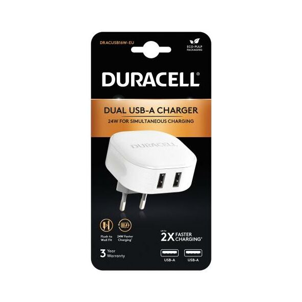 Φορτιστής Ταξιδίου Duracell 24W με Διπλή Έξοδο USB A 4.8A Λευκό 5056304311477 5056304311477 έως και 12 άτοκες δόσεις