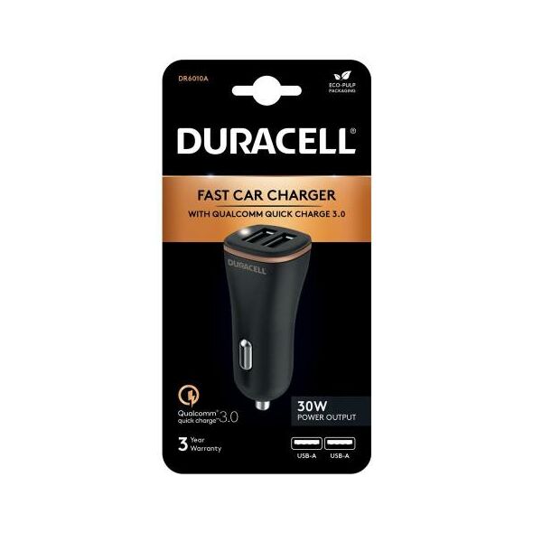 Φορτιστής Αυτοκινήτου Duracell QC3.0 30W με Διπλή Έξοδο USB 4.8A Μαύρο 5056304310685 5056304310685 έως και 12 άτοκες δόσεις