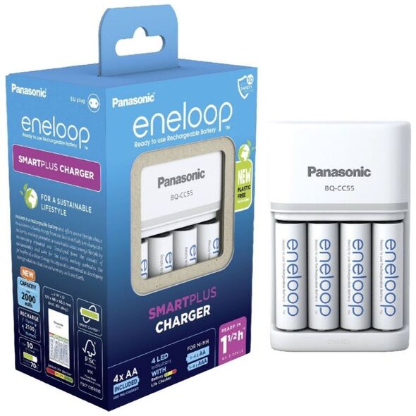 Panasonic Eneloop Smartplus BQ-CC55E Φορτιστής 4 Μπαταριών Ni-MH Μεγέθους AA/AAA Σετ με 4x AA 2000mAh Λευκό (37847519) (PAN37847519) έως 12 άτοκες Δόσεις