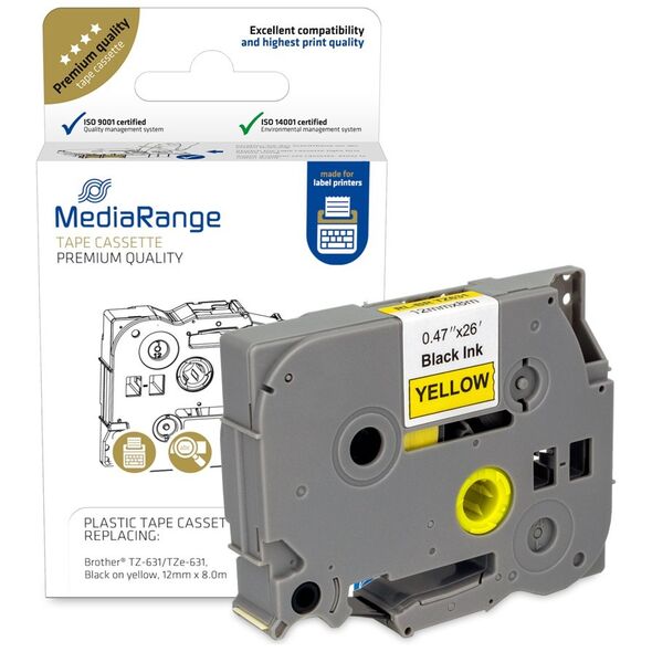 Πλαστική Ταινία Ετικετογράφου MediaRange (Brother TZ-631/TZe-631) 12 mm x 8 m (Μαύρα Γράμματα σε Κίτρινο Φόντο) (MRBTZ631) έως 12 άτοκες Δόσεις