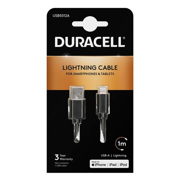 Duracell Cable USB to Lightning Duracell 1m (black) 040823  USB5012A έως και 12 άτοκες δόσεις 5055190136737