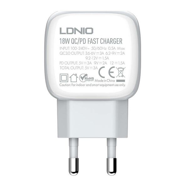 LDNIO Wall charger  LDNIO A2313C USB, USB-C 20W + USB to Lightning cable 042578  A2313C Lightning έως και 12 άτοκες δόσεις 5905316141773