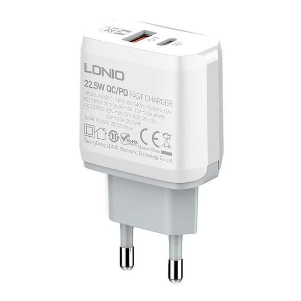 LDNIO Wall charger  LDNIO A2421C USB, USB-C 22.5W + USB-C - Lightning cable 042727  A2421C Type C to lig έως και 12 άτοκες δόσεις 5905316141988