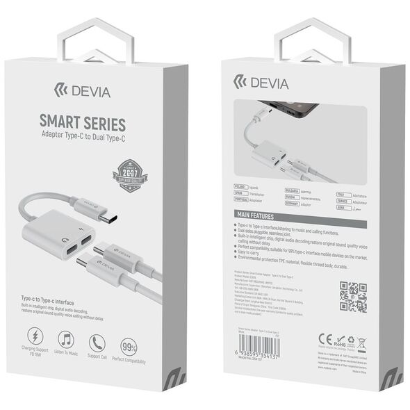 Devia adapter Smart USB-C - USB-C (port) + USB-C (port) white