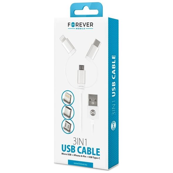Forever 3in1 cable USB - Lightning + USB-C + microUSB 1,0 m 1,5A white