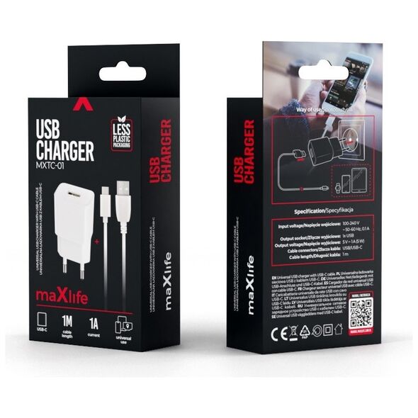 Maxlife MXTC-01 charger 1x USB 1A whIte + USB-C cable