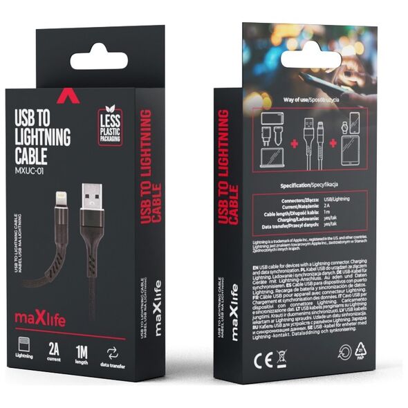 Maxlife MXUC-01 cable USB - Lightning 1,0 m 2A black nylon