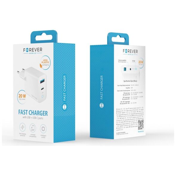 Forever TC-06-20AC PD QC charger 1x USB-C 1x USB 20W white