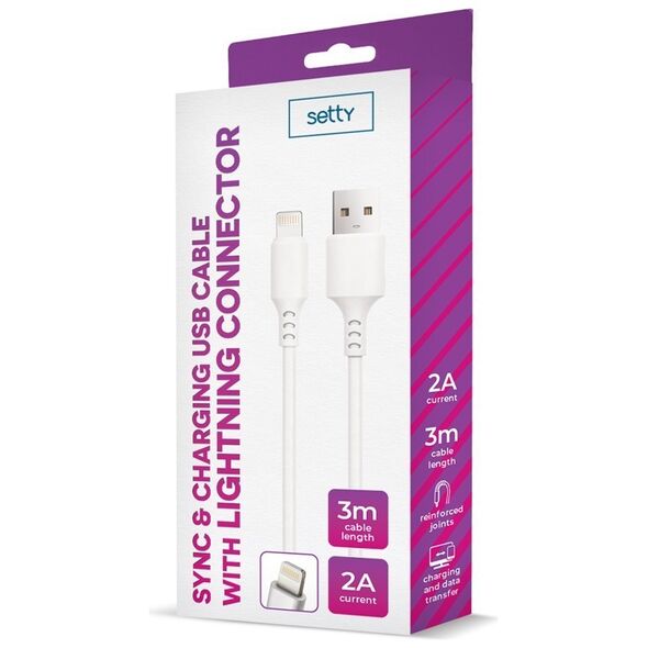 Setty cable USB - Lightning 3,0 m 2A white NEW