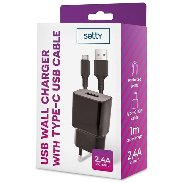 Setty charger 1x USB 2,4A black + USB-C cable 1,0 m NEW