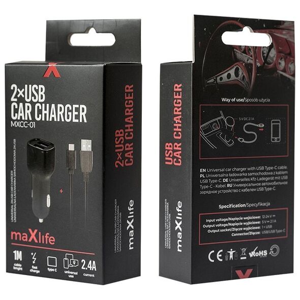 Maxlife MXCC-01 car charger 2x USB 2.4A black + USB-C cable
