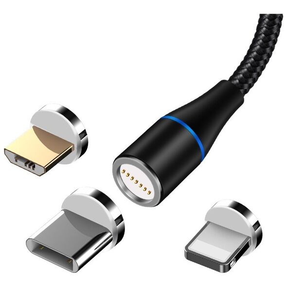 Maxlife MXUC-03 magnetic cable USB - Lightning + USB-C + microUSB 1,0 m 3A black nylon
