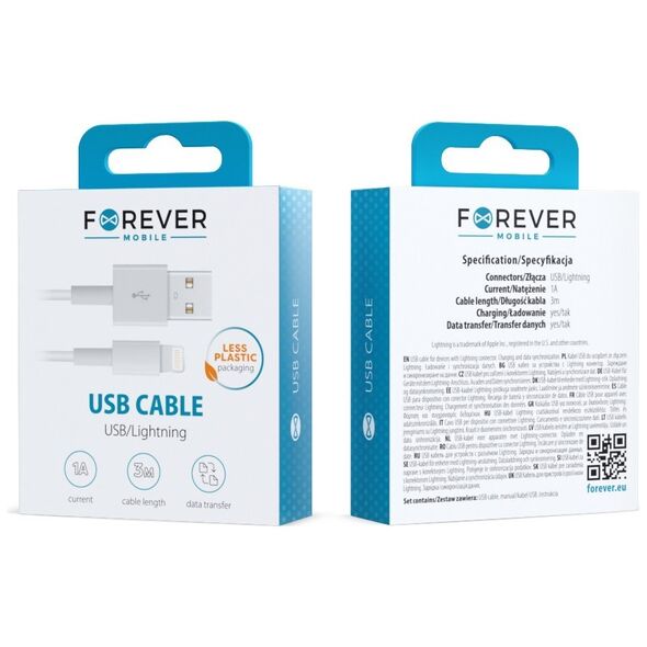 Forever cable USB - Lightning 3,0 m 1A white