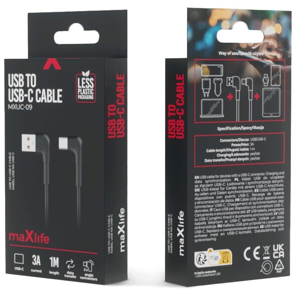Maxlife MXUC-09 angle cable USB - USB-C 1,0 m 3A black