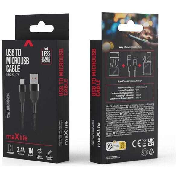 Maxlife MXUC-07 cable USB - microUSB 1,0 m 2,4A black nylon