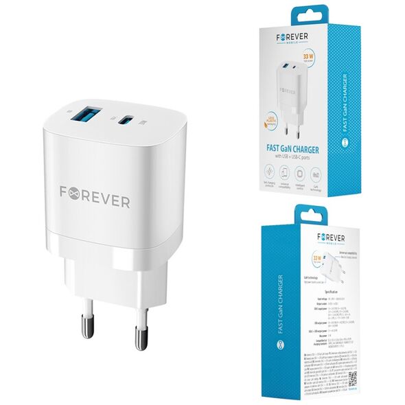 Forever TC-05 GaN PD QC charger 1x USB-C 1x USB 33W white