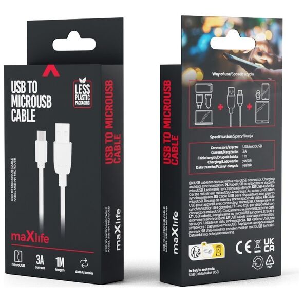 Maxlife cable USB - microUSB 1,0 m 3A white 5900495758156