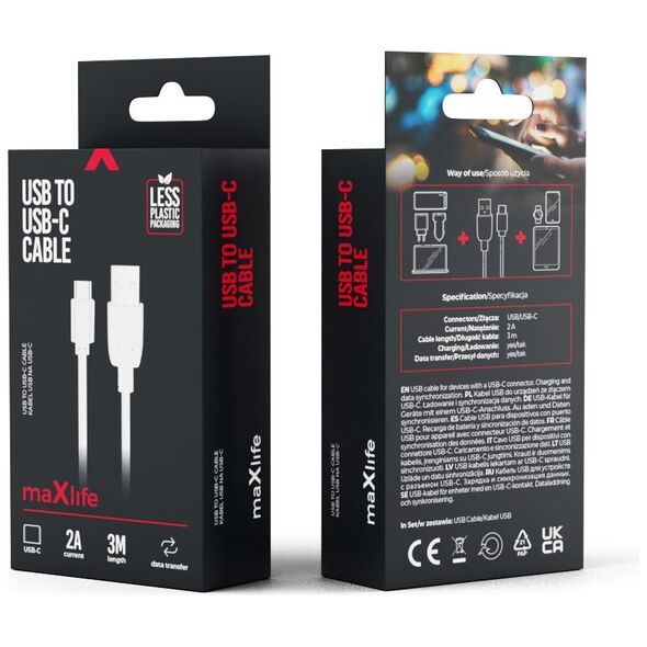 Maxlife cable USB - USB-C 3,0 m 2A white 5900495758187