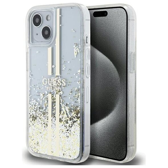 Guess case for iPhone 15 Plus 6,7&quot; GUHCP15MLFCSEGT transparent HC LIQ. GLITTER GOLD STRIPES 3666339223953