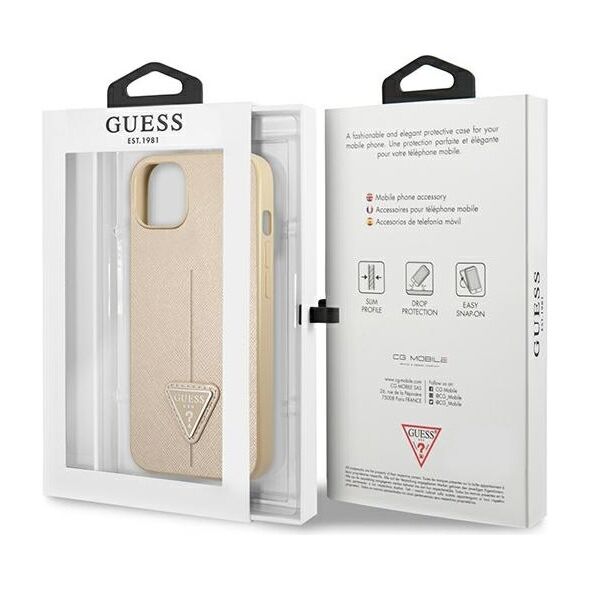 Guess case for iPhone 14 Plus 6,7&quot; GUHCP14MPSATLE beige hardcase Saffiano Triangle Logo 3666339065416