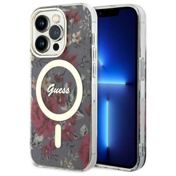 Guess case for iPhone 14 Pro 6,1&quot; GUHMP14LHCFWSA khaki hardcase Magsafe IML Flower 3666339115616