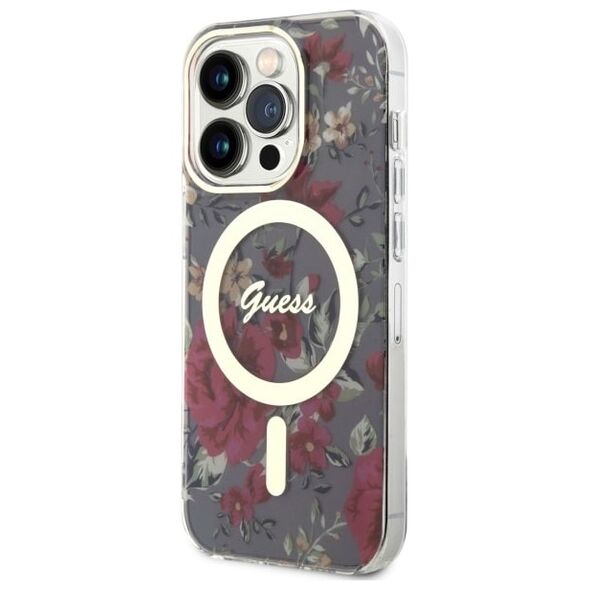 Guess case for iPhone 14 Pro 6,1&quot; GUHMP14LHCFWSA khaki hardcase Magsafe IML Flower 3666339115616