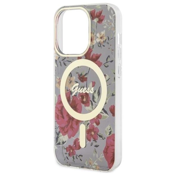 Guess case for iPhone 14 Pro 6,1&quot; GUHMP14LHCFWSA khaki hardcase Magsafe IML Flower 3666339115616