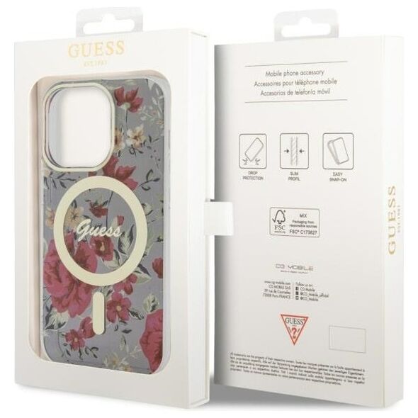 Guess case for iPhone 14 Pro 6,1&quot; GUHMP14LHCFWSA khaki hardcase Magsafe IML Flower 3666339115616