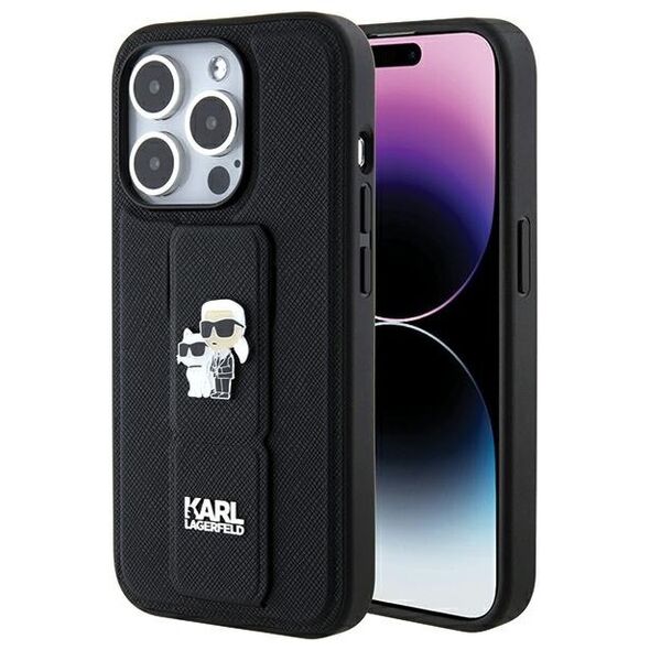 Karl Lagerfeld case for iPhone 15 Pro 6,1&quot; KLHCP15LGSAKCPK black HC GRIPSTAND SAFFIANO KC PINS 3666339206895
