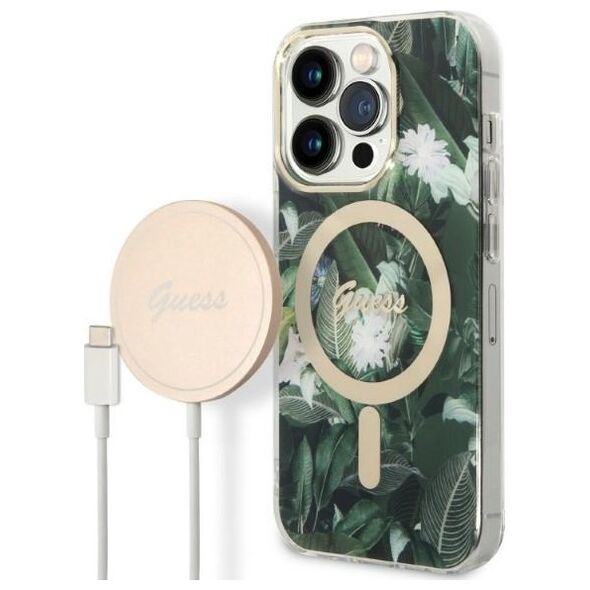 Guess set case + charger for iPhone 14 Pro Max 6,7&quot; GUBPP14XHJEACSA green hard case Jungle MagSafe 3666339103286