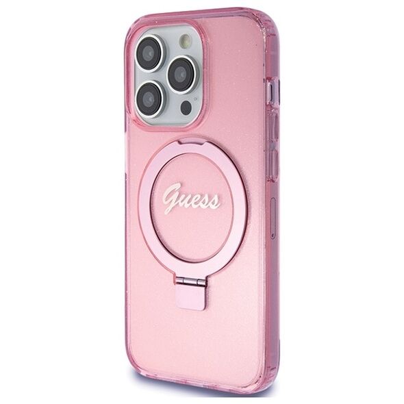 Guess case for iPhone 15 Pro 6,1&quot; GUHMP15LHRSGSP pink HC RING STAND MAGSAFE SCRIPT LOGO GLITTER 3666339156480
