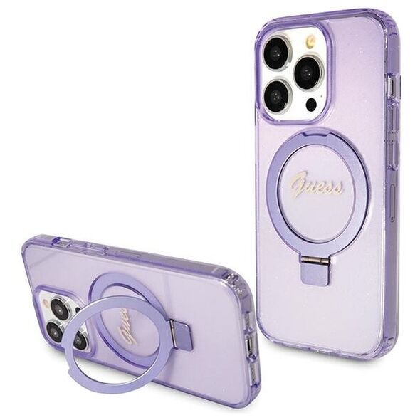 Guess case for iPhone 15 Pro 6,1&quot; GUHMP15LHRSGSU purple HC RING STAND MAGSAFE SCRIPT LOGO GLITTER 3666339156763