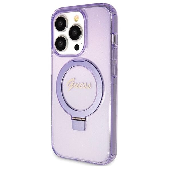 Guess case for iPhone 15 Pro 6,1&quot; GUHMP15LHRSGSU purple HC RING STAND MAGSAFE SCRIPT LOGO GLITTER 3666339156763