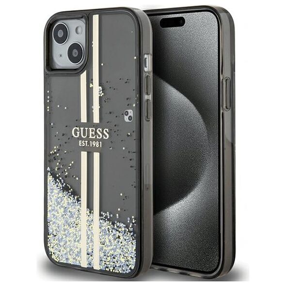 Guess case for iPhone 15 6,1&quot; GUHCP15SLFCSEGK black HC LIQ. GLITTER GOLD STRIPES 3666339223526