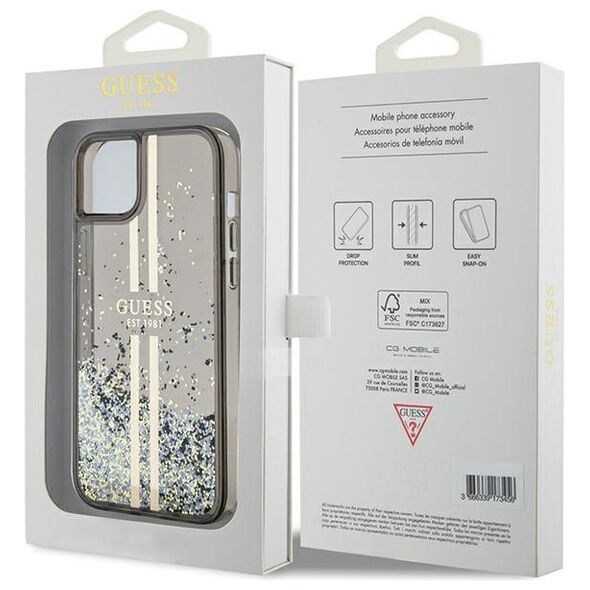 Guess case for iPhone 15 6,1&quot; GUHCP15SLFCSEGK black HC LIQ. GLITTER GOLD STRIPES 3666339223526