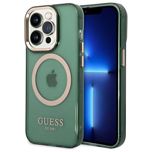 Guess case for iPhone 14 Pro Max 6,7&quot; GUHMP14XHTCMA khaki hard case Gold Outline Translucent MagSafe 3666339069650
