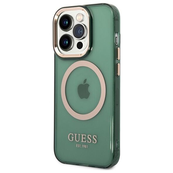 Guess case for iPhone 14 Pro Max 6,7&quot; GUHMP14XHTCMA khaki hard case Gold Outline Translucent MagSafe 3666339069650