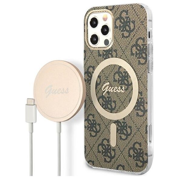 Guess set case + charger for iPhone 12 / 12 Pro 6,1&quot; GUBPP12MH4EACSW brown hard case 4G Print MagSafe 3666339102852