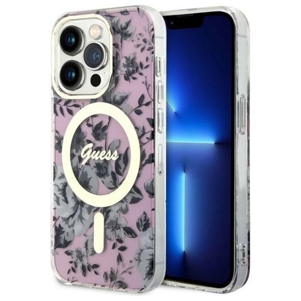 Guess case for iPhone 14 Pro 6,1&quot; GUHMP14LHCFWSP pink hardcase Magsafe IML Flower 3666339115579