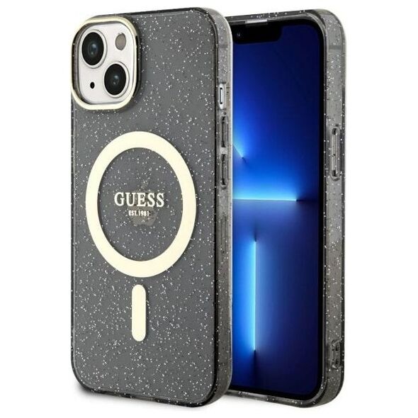 Guess case for iPhone 14 Plus 6,7&quot; GUHMP14MHCMCGK black hardcase Magsafe IML Glitter Gold 3666339125578