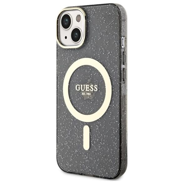 Guess case for iPhone 14 Plus 6,7&quot; GUHMP14MHCMCGK black hardcase Magsafe IML Glitter Gold 3666339125578