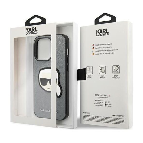 Karl Lagerfeld case for iPhone 14 Pro 6,1&quot; KLHCP14LSAPKHG silver PU Saffiano case with Karl Head Patch 3666339077099