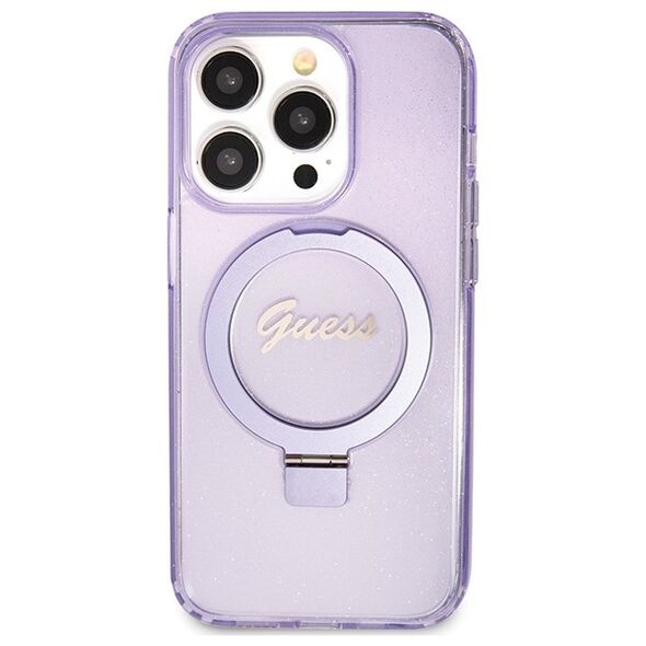 Guess case for iPhone 15 Pro Max 6,7&quot; GUHMP15XHRSGSU purple HC RING STAND MAGSAFE SCRIPT LOGO GLITTER 3666339156770