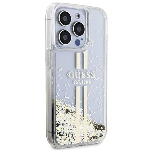 Guess case for iPhone 15 Pro 6,1&quot; GUHCP15LLFCSEGT transparent HC LIQ. GLITTER GOLD STRIPES 3666339223960
