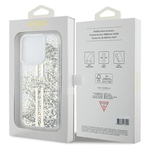 Guess case for iPhone 15 Pro 6,1&quot; GUHCP15LLFCSEGT transparent HC LIQ. GLITTER GOLD STRIPES 3666339223960