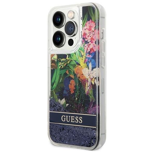 Guess case for iPhone 14 Pro 6,1&quot; GUHCP14LLFLSB blue hardcase Flower Liquid Glitter 3666339066109