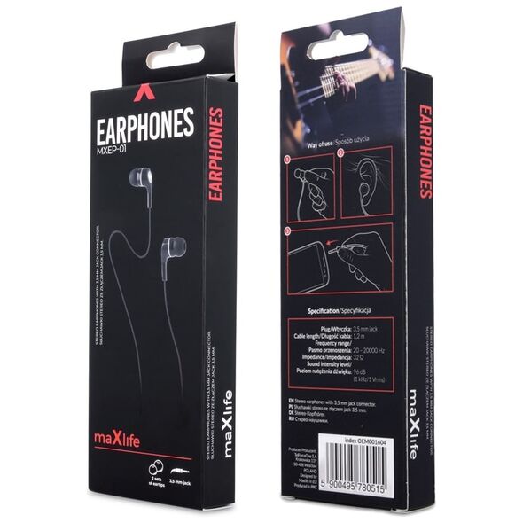 Maxlife wired earphones MXEP-01 jack 3,5mm black 5900495780515