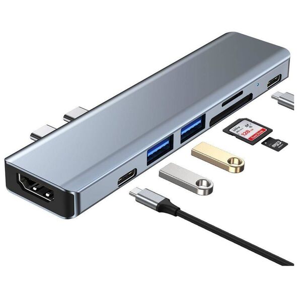 Splitter 7in1 USB HUB 2xUSB-C to 2xUSB + 2xUSB-C + HDMI + SD Card Reader + micro SD Adapter Tech-Protect V5-HUB grey 9589046919305